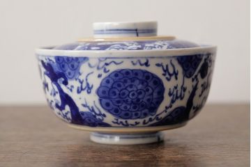 古民具・骨董　明治期　伊万里焼　染付蓋茶碗2客セット(和食器)(R-042741)
