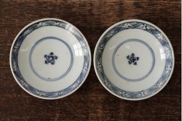 古民具・骨董　江戸期　古伊万里　青磁染付蓋茶碗2客セット(和食器)(R-042742)
