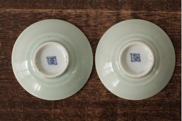 古民具・骨董　江戸期　古伊万里　青磁染付蓋茶碗2客セット(和食器)(R-042742)