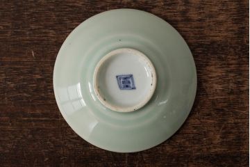 古民具・骨董　江戸期　古伊万里　青磁染付蓋茶碗2客セット(和食器)(R-042742)