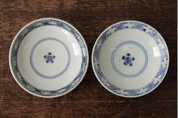 古民具・骨董　江戸期　古伊万里　青磁染付蓋茶碗2客セット(和食器)(R-042743)