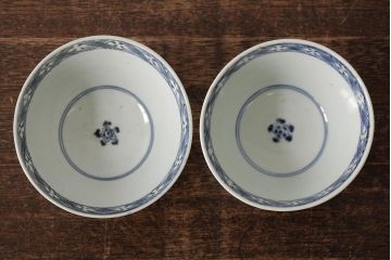 古民具・骨董　江戸期　古伊万里　青磁染付蓋茶碗2客セット(和食器)(R-042743)