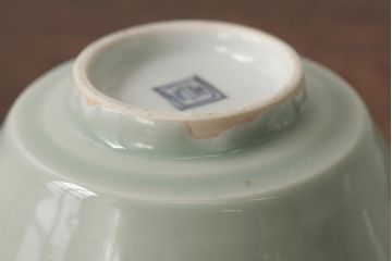 古民具・骨董　江戸期　古伊万里　青磁染付蓋茶碗2客セット(和食器)(R-042743)