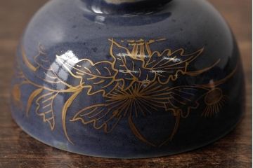 江戸期　古伊万里　瑠璃金彩花文蓋茶碗2客セット(和食器)(R-042744)