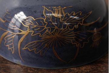 江戸期　古伊万里　瑠璃金彩花文蓋茶碗2客セット(和食器)(R-042744)