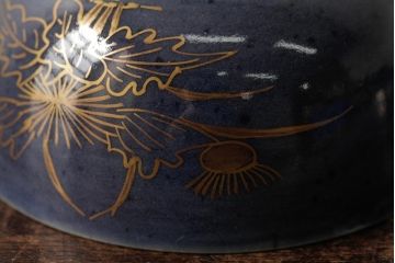江戸期　古伊万里　瑠璃金彩花文蓋茶碗2客セット(和食器)(R-042744)