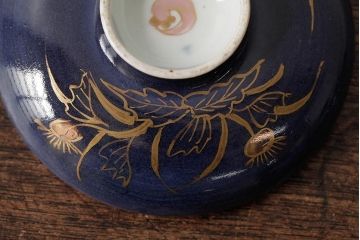 江戸期　古伊万里　瑠璃金彩花文蓋茶碗2客セット(和食器)(R-042745)