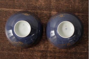 江戸期　古伊万里　瑠璃金彩花文蓋茶碗2客セット(和食器)(R-042745)
