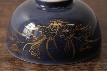 江戸期　古伊万里　瑠璃金彩花文蓋茶碗2客セット(和食器)(R-042745)