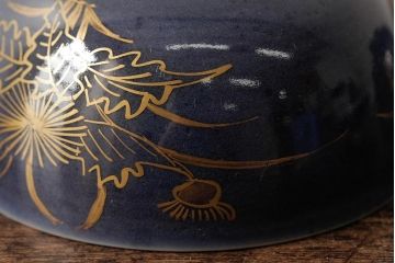 江戸期　古伊万里　瑠璃金彩花文蓋茶碗2客セット(和食器)(R-042745)