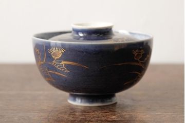 江戸期　古伊万里　瑠璃金彩花文蓋茶碗2客セット(和食器)(R-042745)