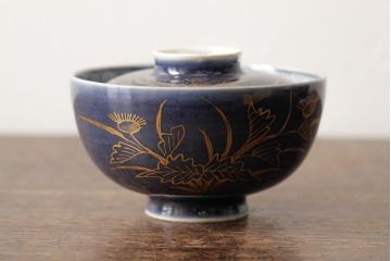 江戸期　古伊万里　瑠璃金彩花文蓋茶碗2客セット(和食器)(R-042745)