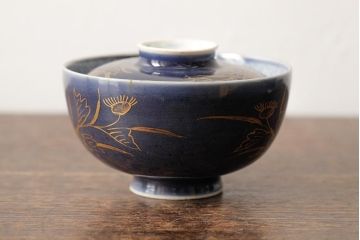 江戸期　古伊万里　瑠璃金彩花文蓋茶碗2客セット(和食器)(R-042745)