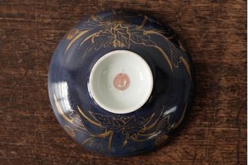 江戸期　古伊万里　瑠璃金彩花文蓋茶碗2客セット(和食器)(R-042746)