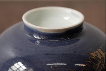 江戸期　古伊万里　瑠璃金彩花文蓋茶碗2客セット(和食器)(R-042746)