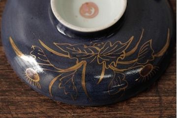 江戸期　古伊万里　瑠璃金彩花文蓋茶碗2客セット(和食器)(R-042746)