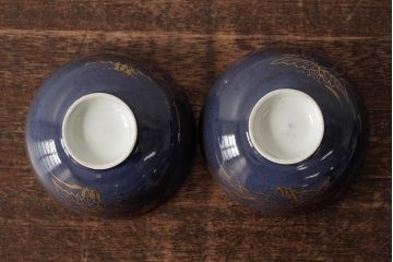 江戸期　古伊万里　瑠璃金彩花文蓋茶碗2客セット(和食器)(R-042746)