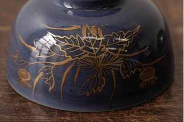 江戸期　古伊万里　瑠璃金彩花文蓋茶碗2客セット(和食器)(R-042746)