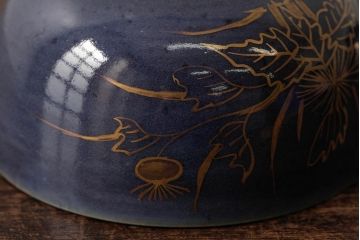 江戸期　古伊万里　瑠璃金彩花文蓋茶碗2客セット(和食器)(R-042746)