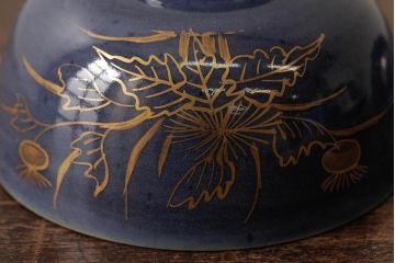 江戸期　古伊万里　瑠璃金彩花文蓋茶碗2客セット(和食器)(R-042746)