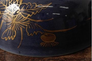 江戸期　古伊万里　瑠璃金彩花文蓋茶碗2客セット(和食器)(R-042746)