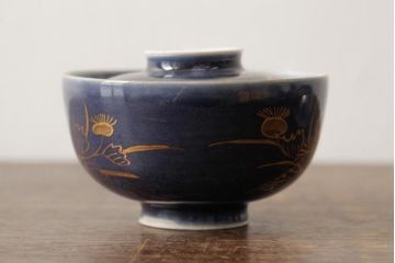 江戸期　古伊万里　瑠璃金彩花文蓋茶碗2客セット(和食器)(R-042746)