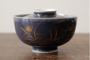 江戸期　古伊万里　瑠璃金彩花文蓋茶碗2客セット(和食器)(R-042746)