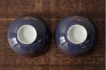 江戸期　古伊万里　瑠璃金彩花文蓋茶碗2客セット(和食器)(R-042747)