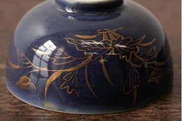 江戸期　古伊万里　瑠璃金彩花文蓋茶碗2客セット(和食器)(R-042747)