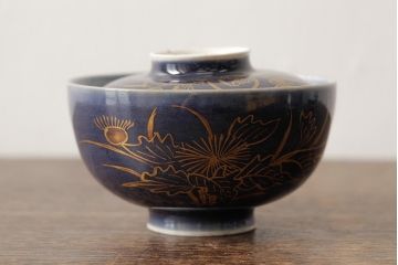 江戸期　古伊万里　瑠璃金彩花文蓋茶碗2客セット(和食器)(R-042747)