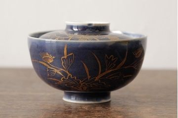 江戸期　古伊万里　瑠璃金彩花文蓋茶碗2客セット(和食器)(R-042747)