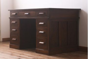 アンティーク家具　ナラ材製　上手物　立派な佇まいの木製両袖デスク(ワークデスク、机、在宅ワーク、在宅用)(R-042755)
