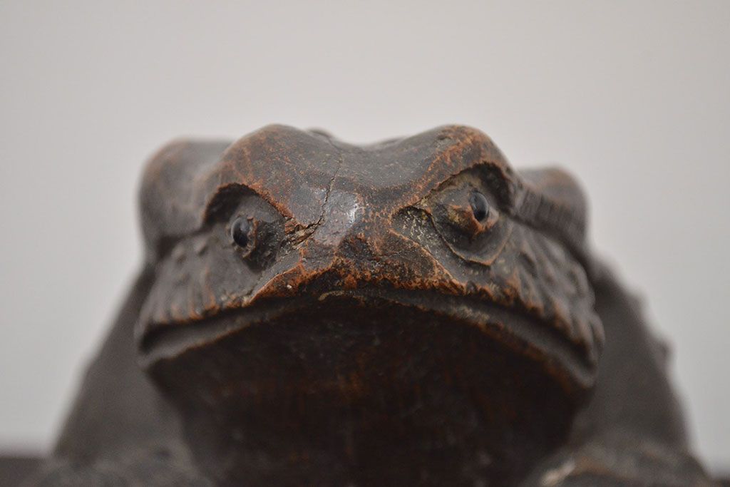 アンティーク雑貨　古い木彫りの蛙　置物　竹根　彫刻　民芸品　中国唐物?(R-042801)