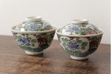 明治大正期　色絵染付蓋茶碗2客セット(和食器)(R-042810)