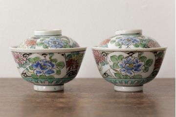 明治大正期　色絵染付蓋茶碗2客セット(和食器)(R-042810)