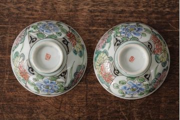明治大正期　色絵染付蓋茶碗2客セット(和食器)(R-042810)