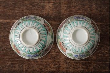 明治大正期　色絵染付蓋茶碗2客セット(和食器)(R-042810)