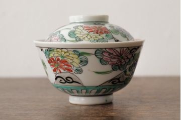明治大正期　色絵染付蓋茶碗2客セット(和食器)(R-042810)