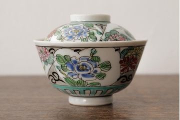 明治大正期　色絵染付蓋茶碗2客セット(和食器)(R-042810)