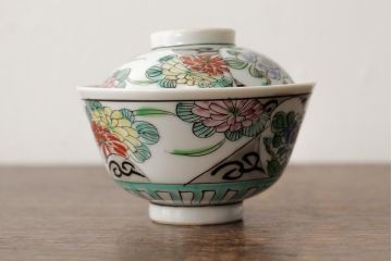 明治大正期　色絵染付蓋茶碗2客セット(和食器)(R-042810)