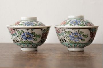 明治大正期　色絵染付蓋茶碗2客セット(和食器)(R-042811)