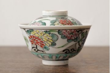 明治大正期　色絵染付蓋茶碗2客セット(和食器)(R-042811)