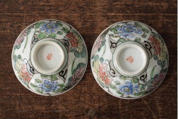 明治大正期　色絵染付蓋茶碗2客セット(和食器)(R-042811)