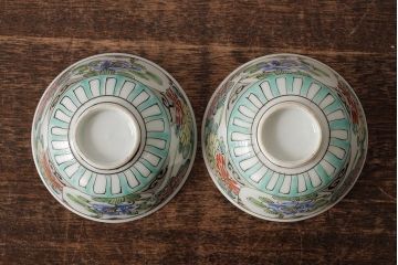 明治大正期　色絵染付蓋茶碗2客セット(和食器)(R-042811)