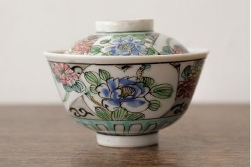 明治大正期　色絵染付蓋茶碗2客セット(和食器)(R-042811)