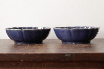 アンティーク雑貨　江戸期　古伊万里　瑠璃釉金彩花文なます皿2枚(中皿、和食器)(R-042824)
