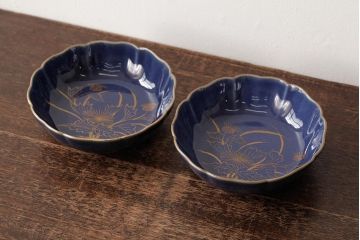 アンティーク雑貨　江戸期　古伊万里　瑠璃釉金彩花文なます皿2枚(中皿、和食器)(R-042824)