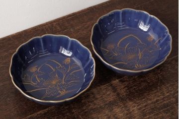 アンティーク雑貨　江戸期　古伊万里　瑠璃釉金彩花文なます皿2枚(中皿、和食器)(R-042824)