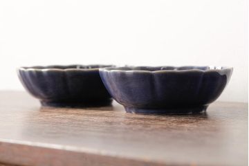 アンティーク雑貨　江戸期　古伊万里　瑠璃釉金彩花文なます皿2枚(中皿、和食器)(R-042824)