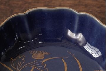 アンティーク雑貨　江戸期　古伊万里　瑠璃釉金彩花文なます皿2枚(中皿、和食器)(R-042824)
